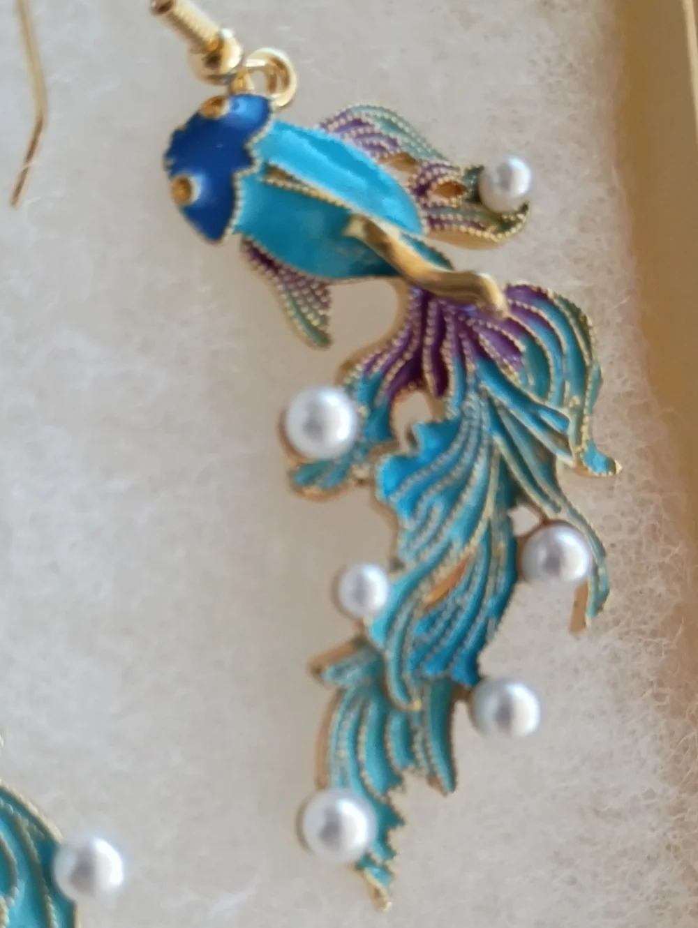Betta Fish Enamel Pearl 3D Earrings Gold Toned